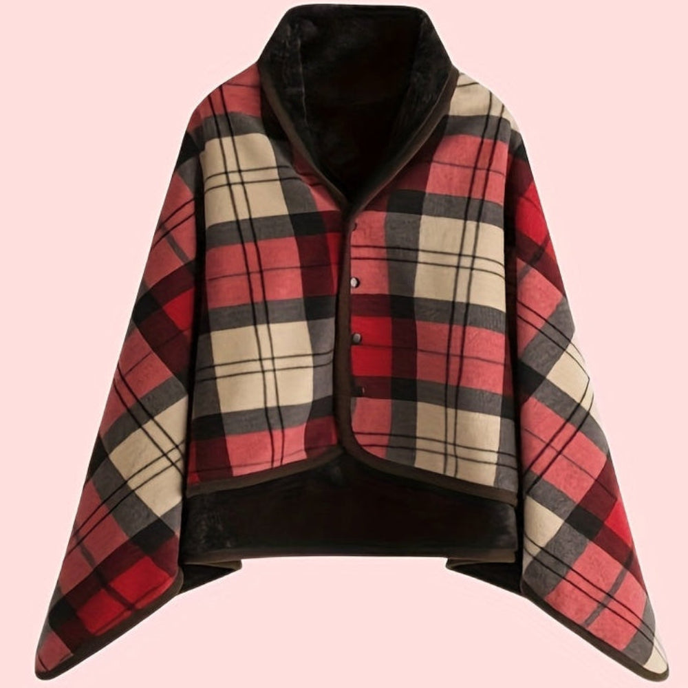 Women's Plaid Snap Button Fleece-Lined Poncho Cape