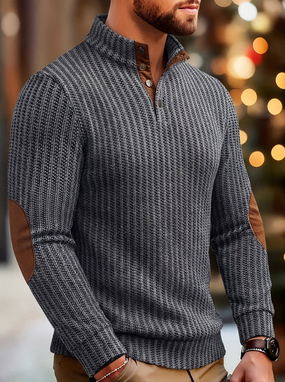Men's turtleneck sweater with half-button closure and elbow patches, White Black