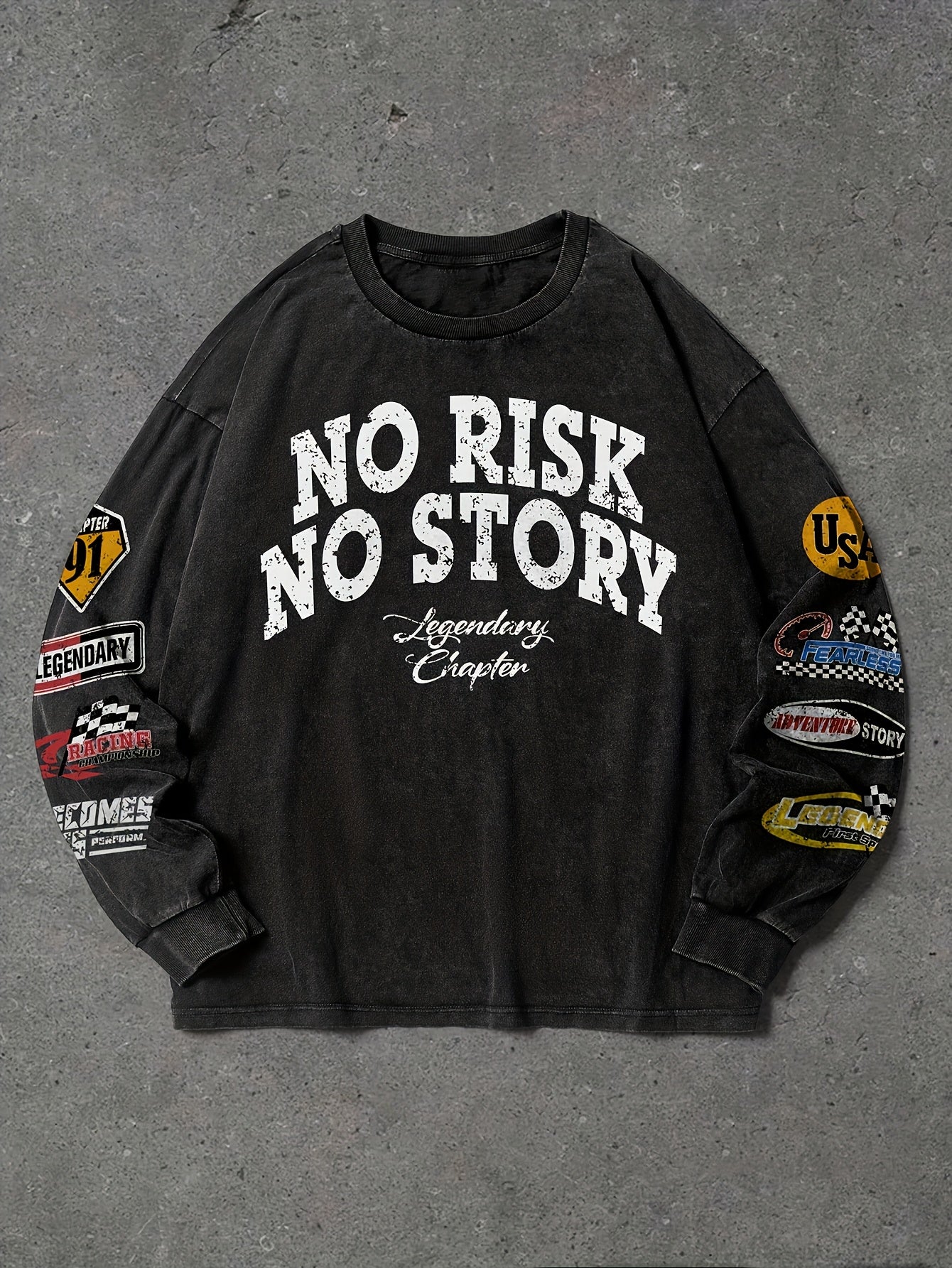Unisex long-sleeve shirt, black cotton-look fabric, crew neck, “NO RISK NO STORY” print with sleeve patches