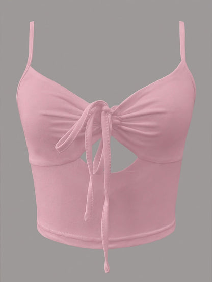 Women's Crop Top with Cut-Out and Front Bow – Fashionable Spaghetti Strap Top for Everyday and Going Out