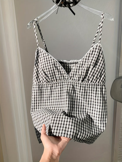 Women's Vintage-Style Checkered Strap Top for Casual and Summer Wear