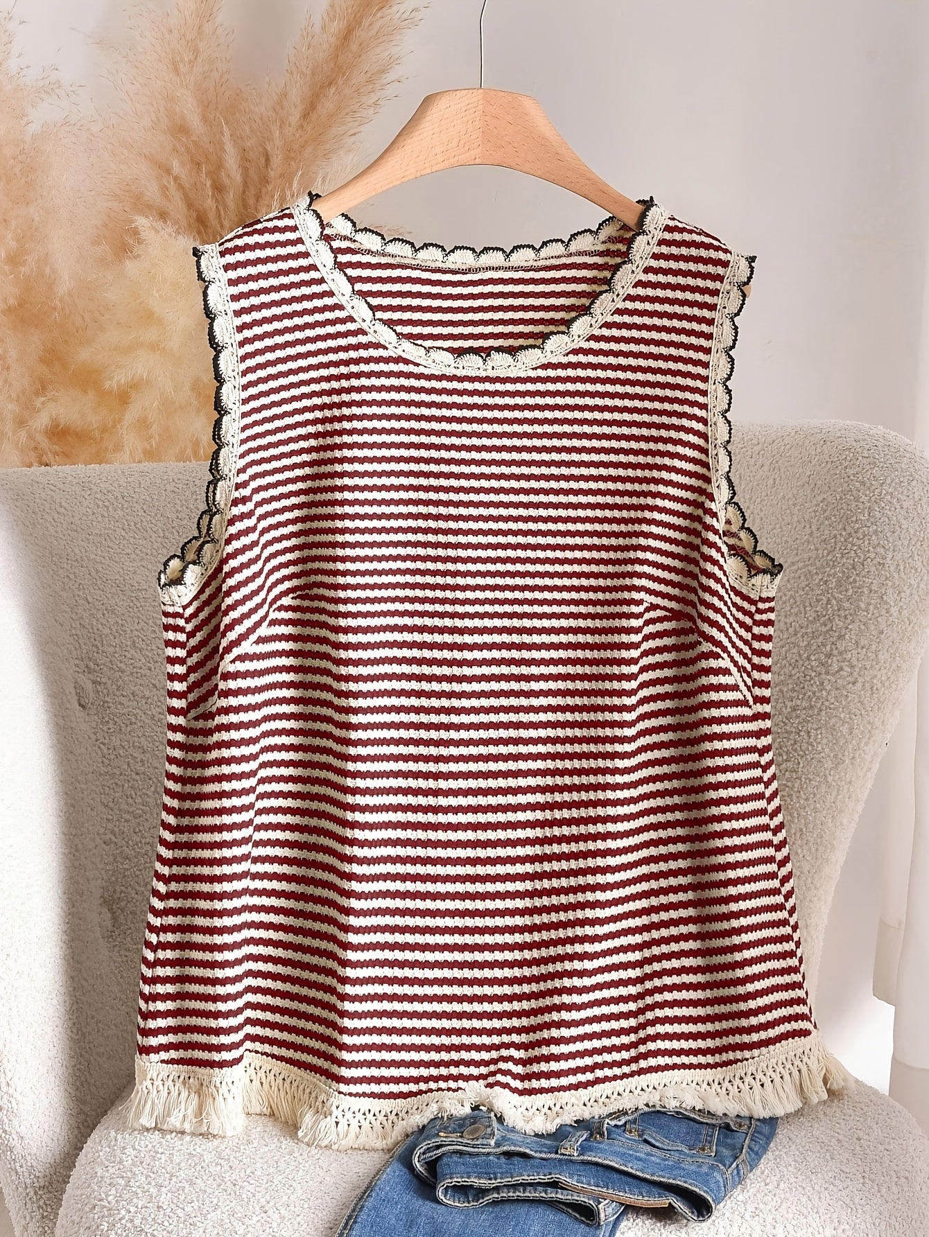 Women's Boho-Style Knit Tank Top with Stripes and Fringes – Elegant Casual Top for Spring and Summer