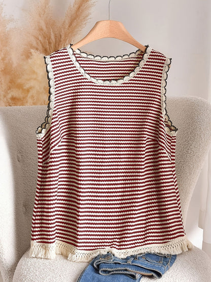 Women's Boho-Style Knit Tank Top with Stripes and Fringes – Elegant Casual Top for Spring and Summer