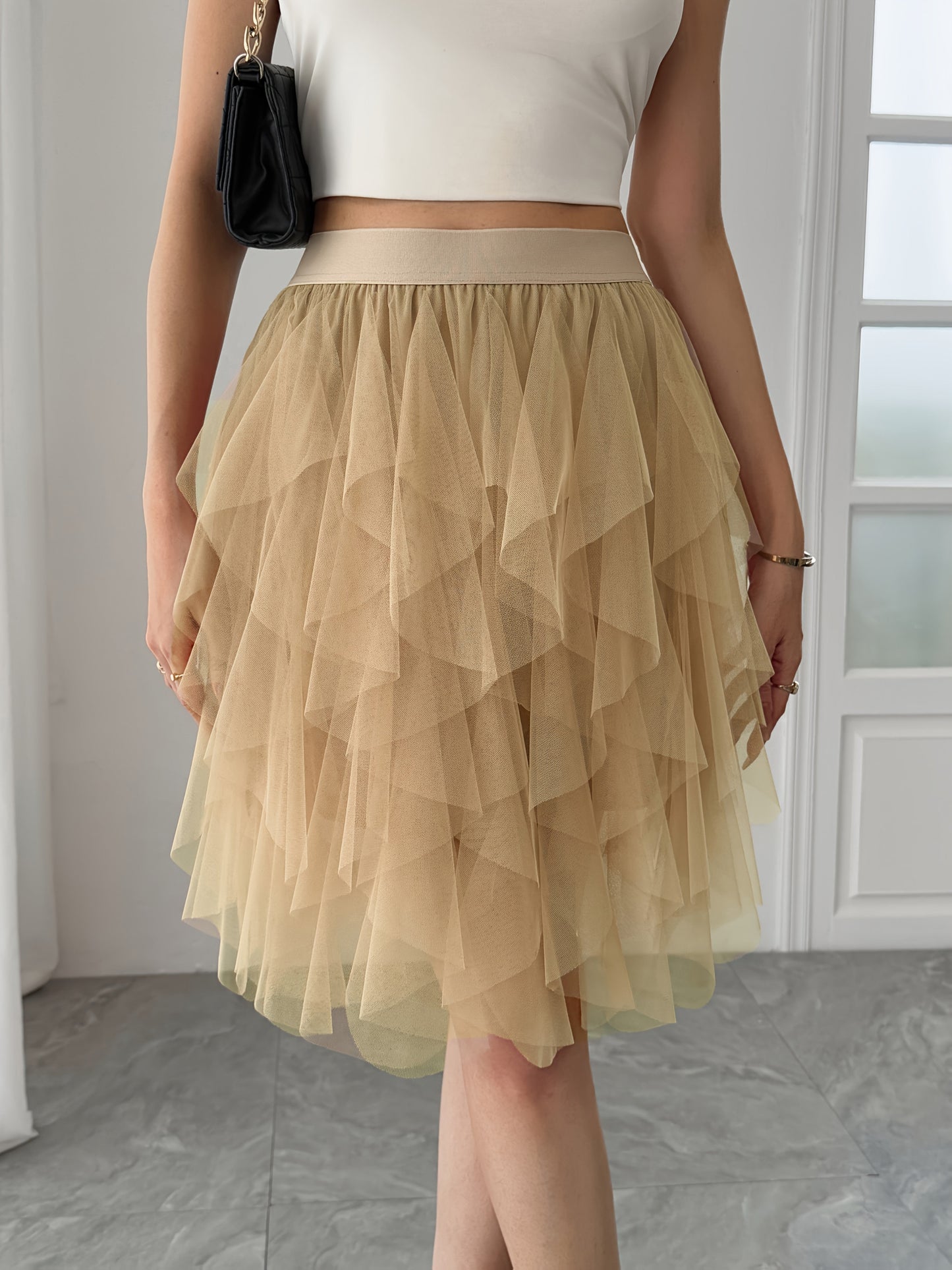 Damen Tüllrock mit Stufen-Design, Eleganter Lagenlook, Modisch für Freizeit und besondere Anlässe