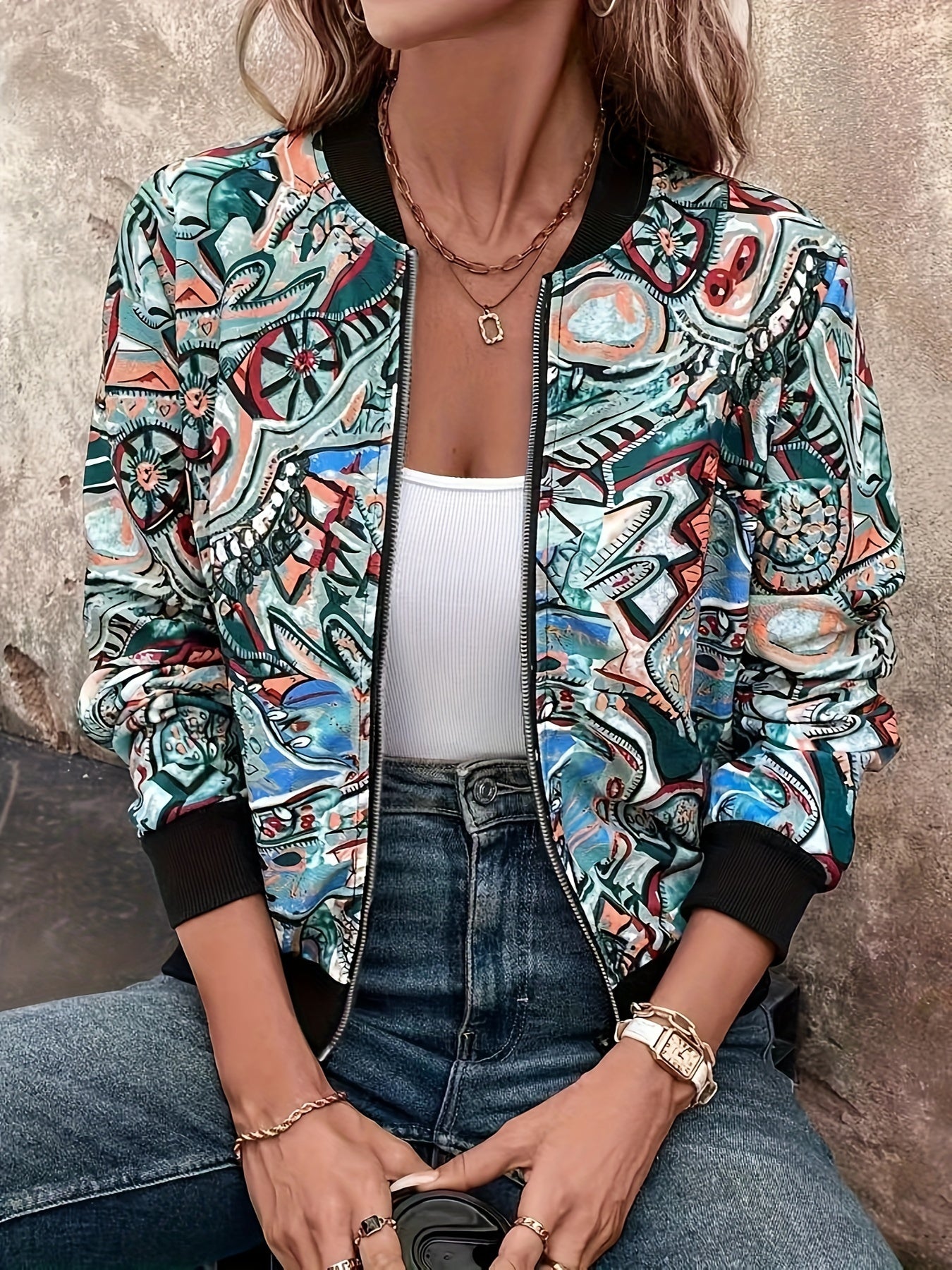 Women's bomber jacket with cartoon print for leisure and vacation