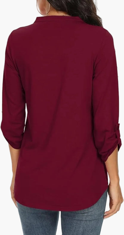 Women's Tunic Blouse with Three-Quarter Sleeves – Elegant V-Neck, Fashionable Style for Everyday and Office