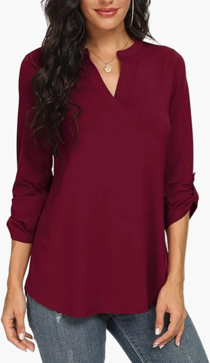 Women's Tunic Blouse with Three-Quarter Sleeves – Elegant V-Neck, Fashionable Style for Everyday and Office