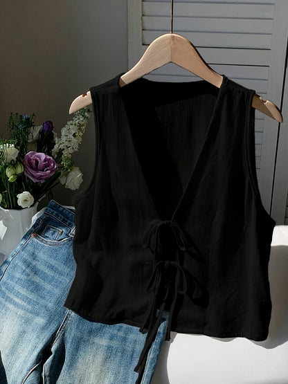 Women's sleeveless vest with bow detail and V-neck – fashionable summer look, versatile to combine