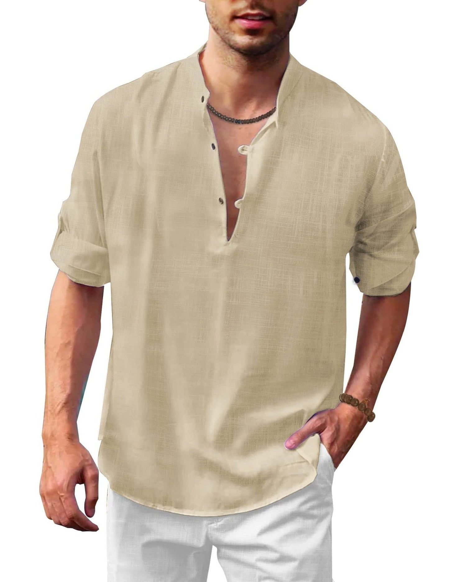 Men's Casual Henley Long Sleeve Shirt – Loose Beach Shirt for Vacation and Everyday Use