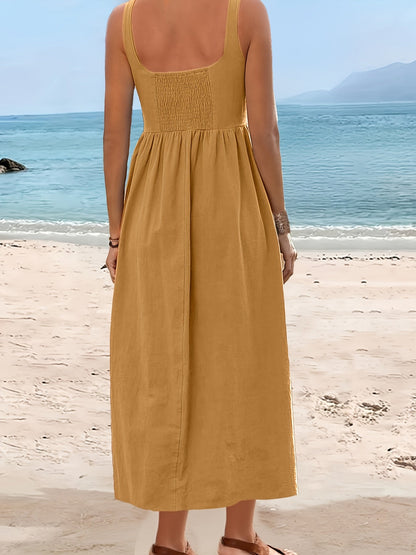 Women's Fit & Flare Midi Dress with Wide Skirt and Square Neck – Perfect for Vacation and Everyday Wear