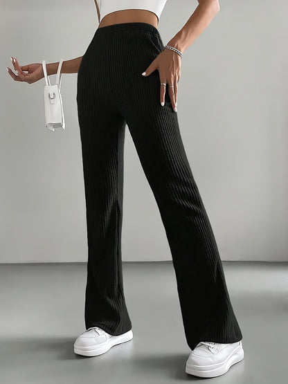Women's Black Ribbed Wide-Leg Pants