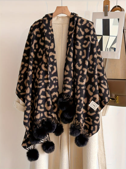Leopard-print scarf with pom-poms