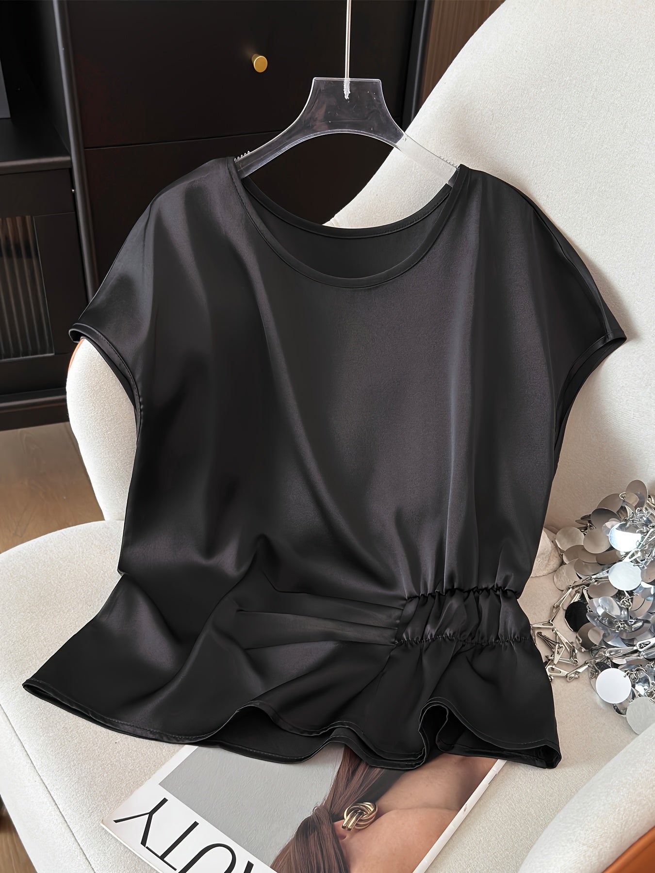 Women's blouse with ruching and round neckline – Elegant office and going-out style