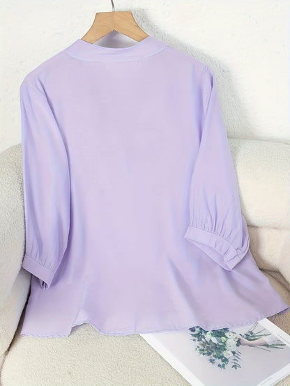 Women's Blouse Elegant Embroidered Summer Semi-Transparent with Stand-Up Collar – Casual & Office
