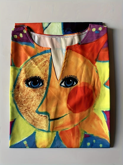 Women's vintage casual dress with artistic cat and sun motif, sleeveless, loose fit