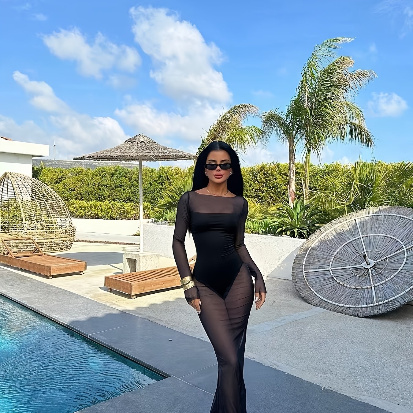 Women's Maxi Dress Beach Cover-Up Elegant Sheer Fitted Vacation Pool Party