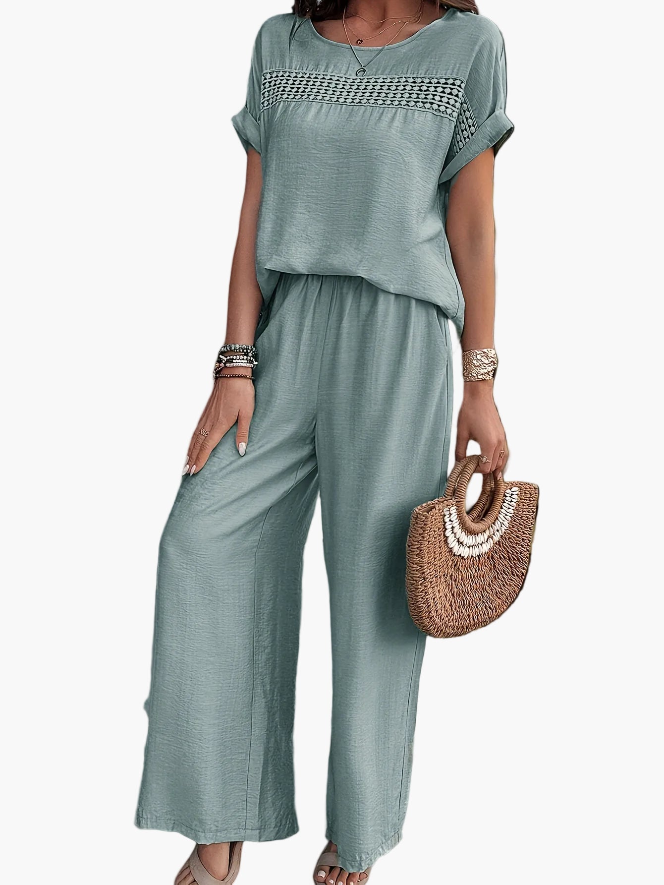Women's Summer Two-Piece Set – Loose Casual Outfit with Crochet Detail, Perfect for Beach & Everyday Wear