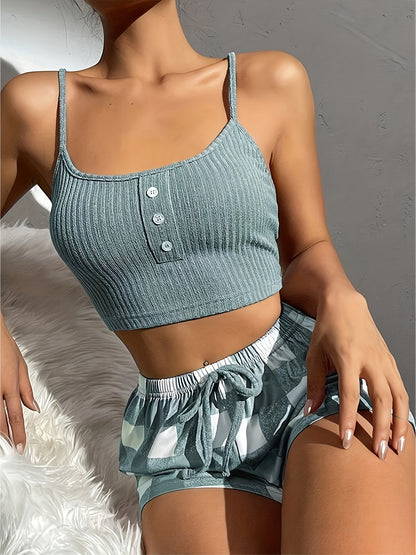Damen Pyjama Set mit Spaghettiträgern und Shorts, Casual Sommer Loungewear