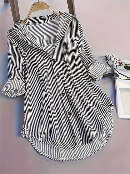 Damen Längsgestreiftes Hemdblusenkleid mit Knopfleiste und Reverskragen – Eleganter Alltags-Look