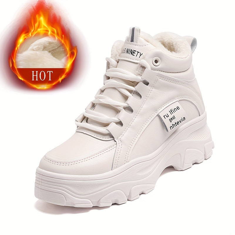 Damen Gefütterte Plateausneaker, Winter Hohe Sneaker mit dicker Sohle, Weiß