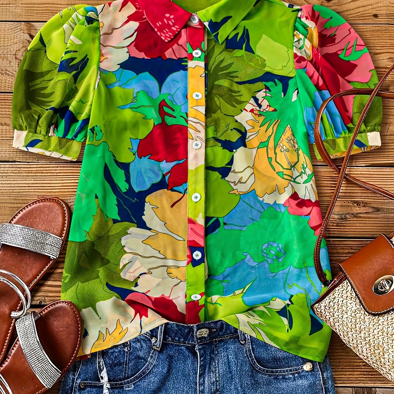 Women's blouse with floral pattern and puff sleeves – fashionable shirt blouse for leisure and vacation