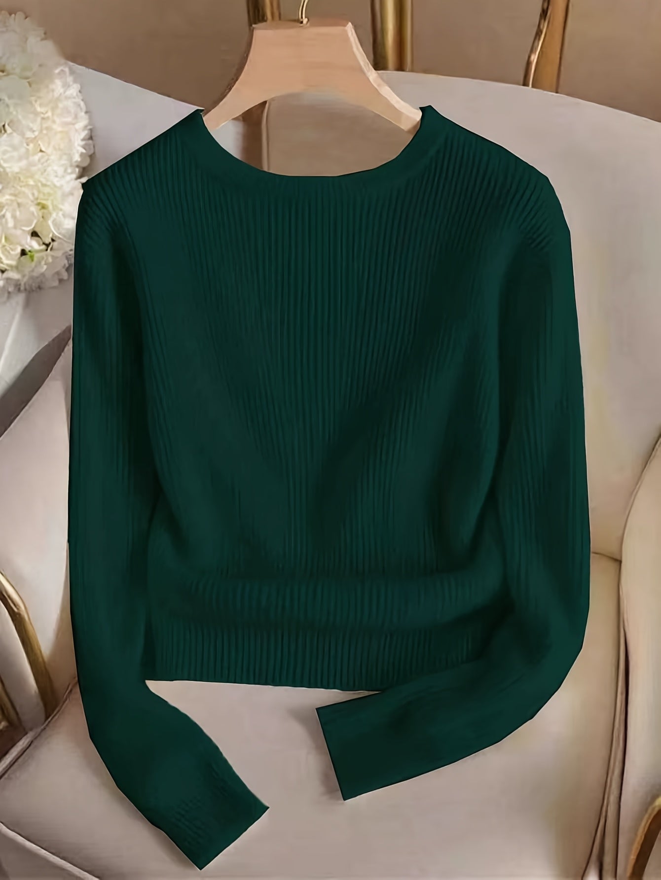 Women's rib-knit long-sleeve crew-neck sweater with buttons