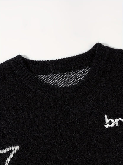 Unisex knitted sweater with a round neckline and planet motif – oversized, loose fit