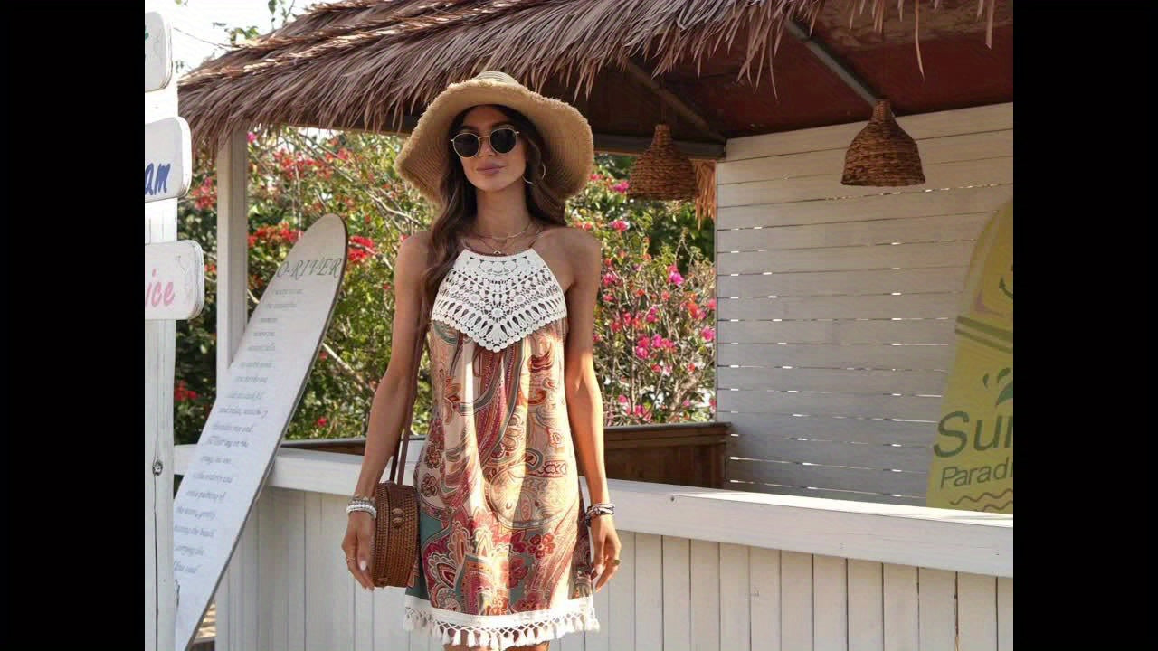 Women's Summer Beach Dress in Boho Style with Crochet Details and Paisley Pattern – Elegant Casual Tunic Dress for Vacation and Everyday Wear