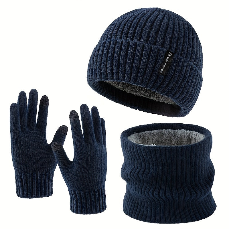 Rib-knit beanie, infinity scarf, and gloves set, black, winter, men’s and women’s