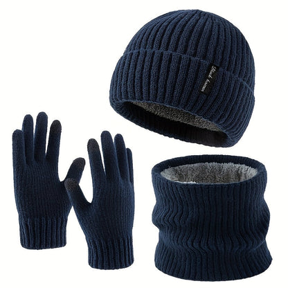 Rib-knit beanie, infinity scarf, and gloves set, black, winter, men’s and women’s