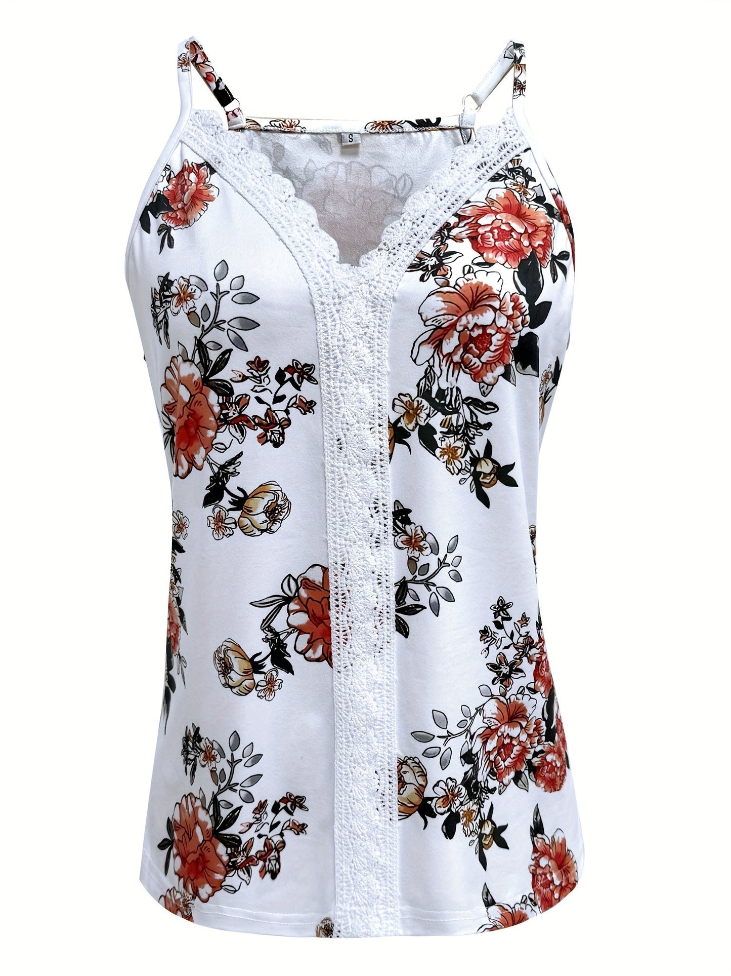 Damen Spaghettiträger Top mit Spitze und Blumenprint – Sommer Freizeit Elegant