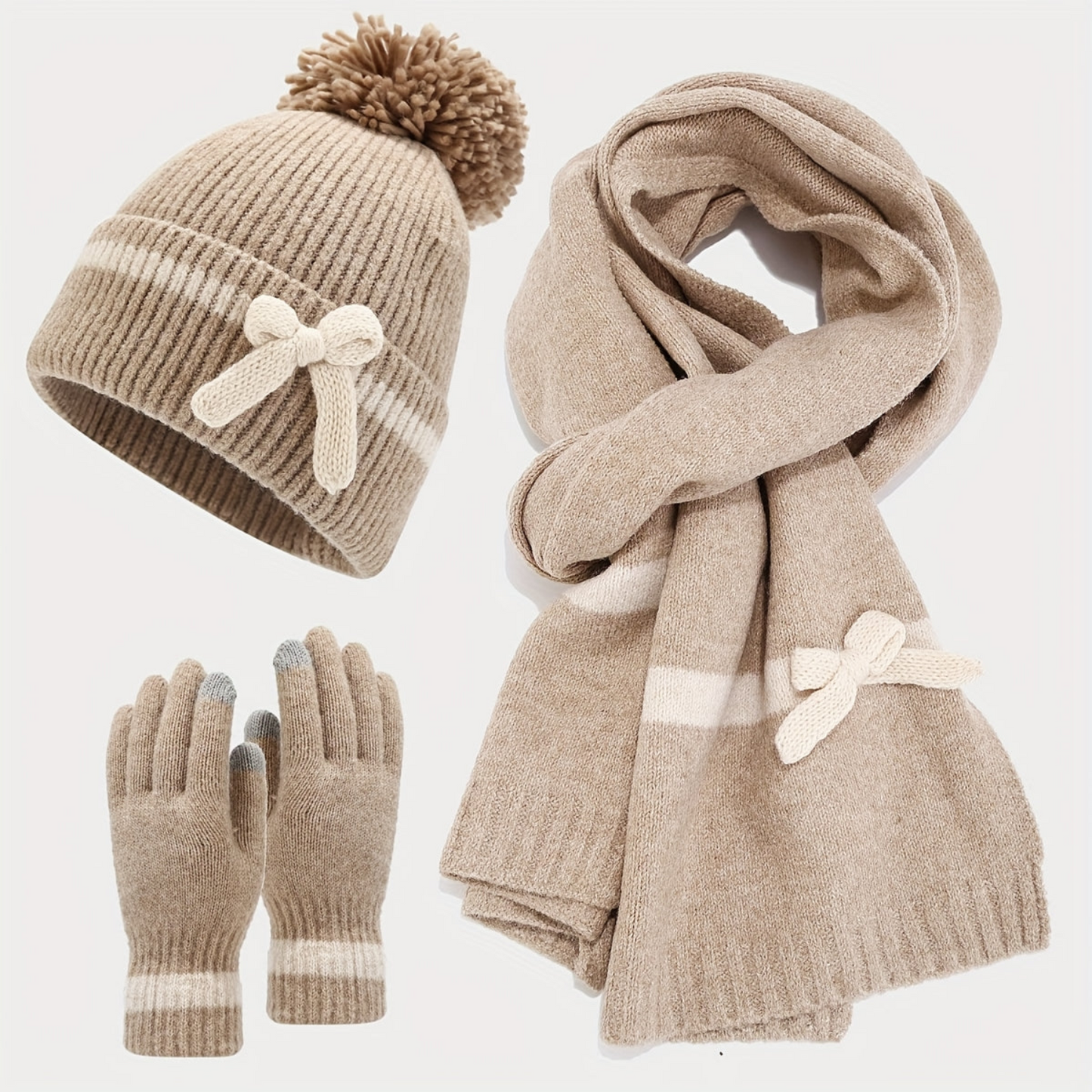 Winterset 3-teilig mit Mütze, Schal und Handschuhen, gestrickt mit Schleifchen-Detail