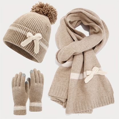 Winterset 3-teilig mit Mütze, Schal und Handschuhen, gestrickt mit Schleifchen-Detail