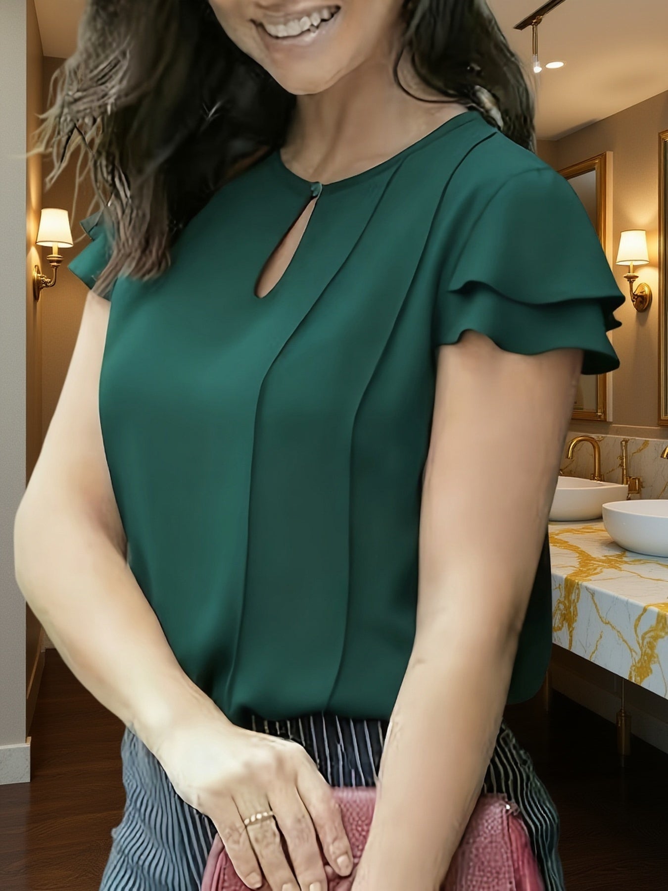 Women's Elegant Blouse with Ruffled Sleeves and Keyhole Neckline – Perfect for Office & Casual Wear