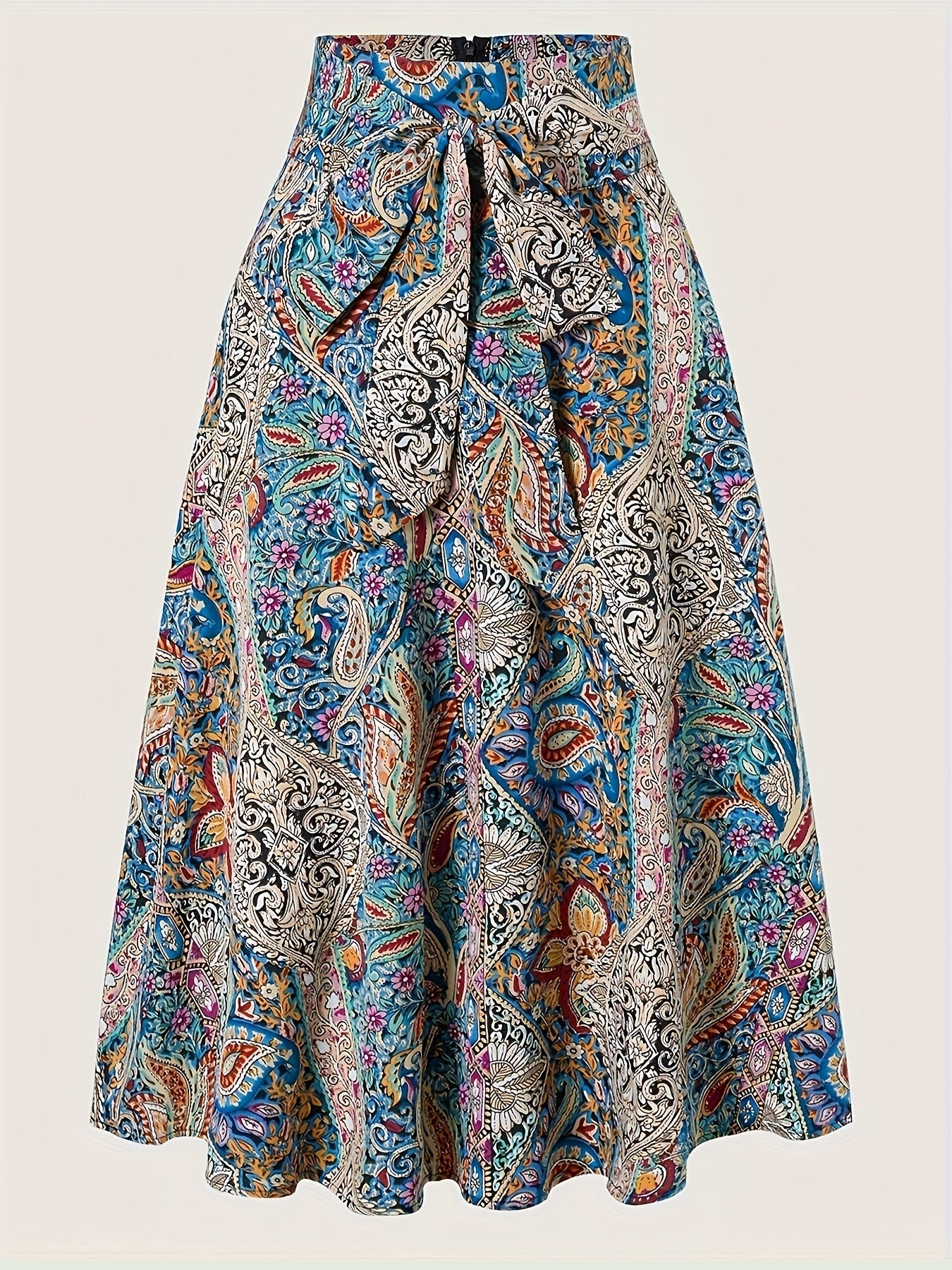 Women's Elegant Boho Midi Skirt with Paisley Pattern and Bow Detail – Perfect for Spring & Summer
