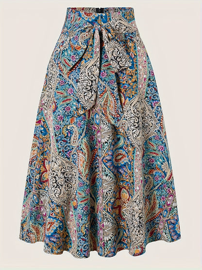 Women's Elegant Boho Midi Skirt with Paisley Pattern and Bow Detail – Perfect for Spring & Summer