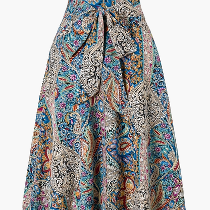 Women's Elegant Boho Midi Skirt with Paisley Pattern and Bow Detail – Perfect for Spring & Summer