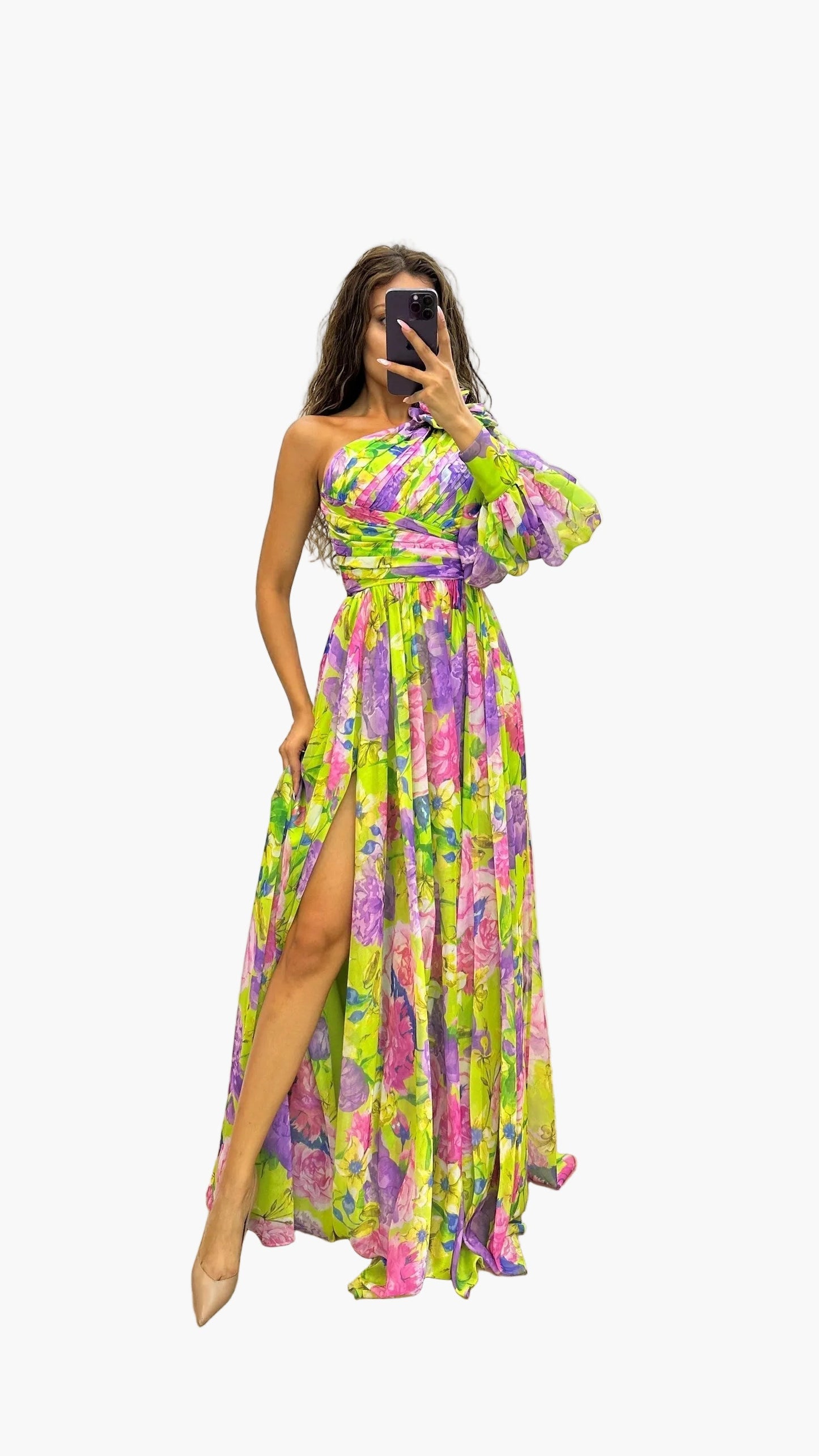 Damen One-Shoulder Maxikleid mit Blumenmuster – Elegantes Abend- und Partykleid