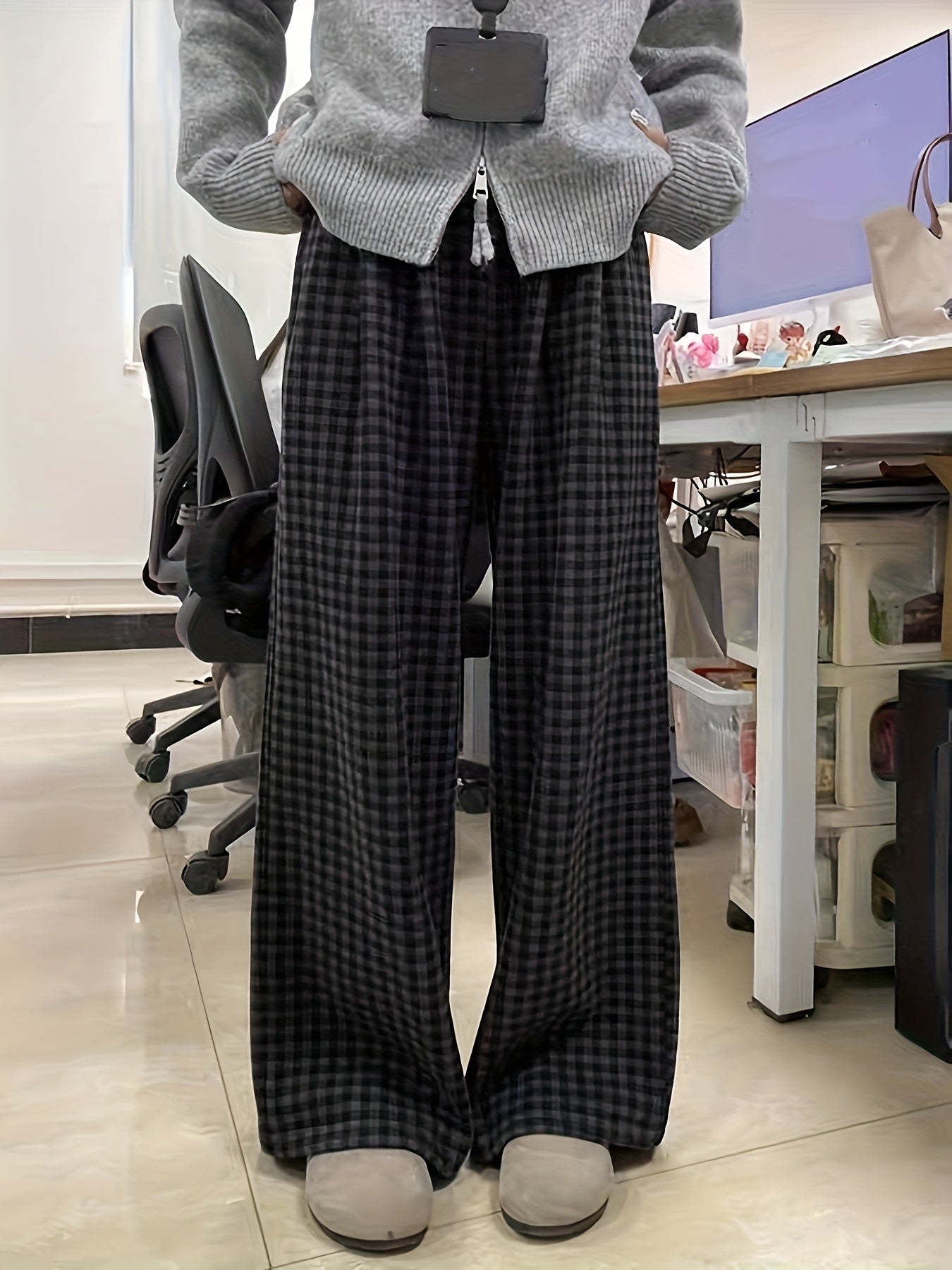 Unisex wide-leg trousers in a gray-and-black gingham pattern