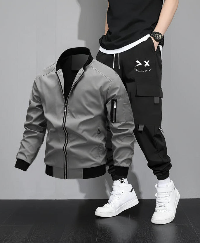 Men's Streetwear Set with Bomber Jacket and Cargo Jogging Pants – Urban Casual Style