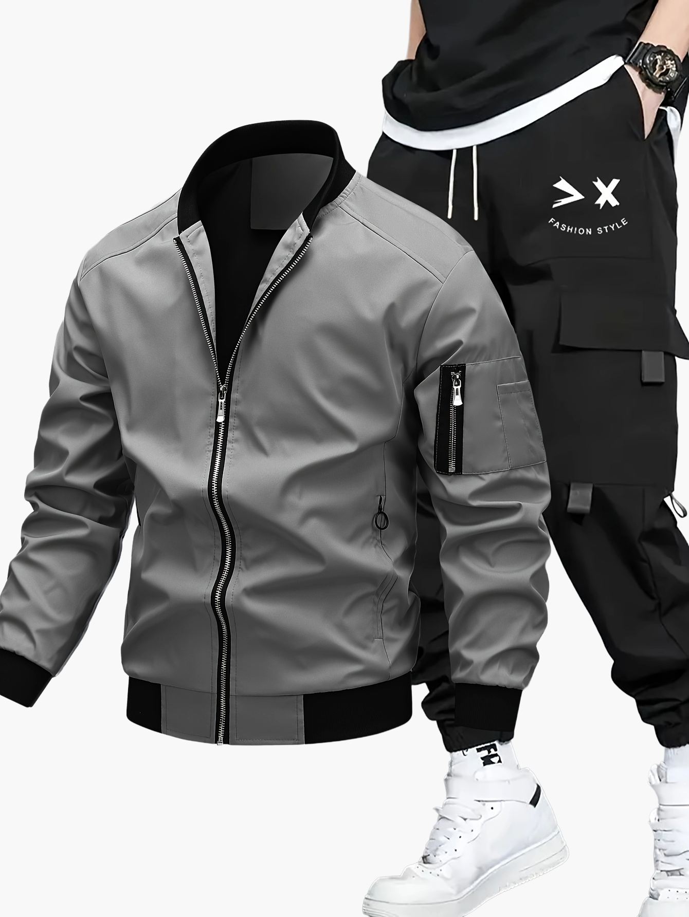 Men's Streetwear Set with Bomber Jacket and Cargo Jogging Pants – Urban Casual Style