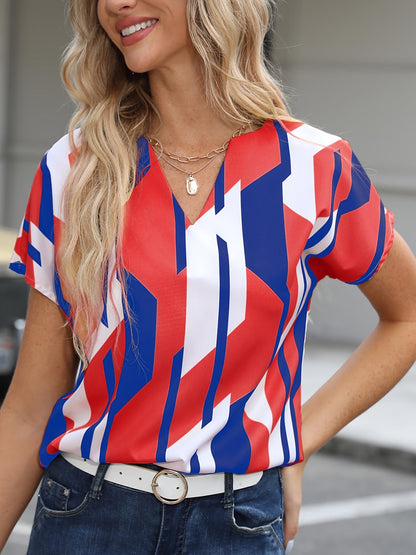 Damen Vintage Bluse mit geometrischem Muster und V-Ausschnitt – Modische Sommerbluse für Alltag und Büro