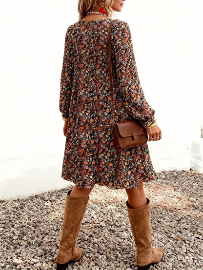 Women's Boho-Chic Floral Print Casual Dress with Long Sleeves – Perfect for Spring and Summer
