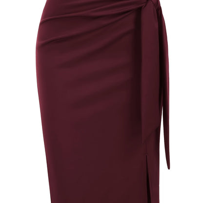 Women's Elegant Midi Skirt with Bow Detail and Slit – Perfect for Office & Festive Occasions