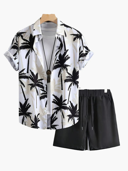 Herren Sommer Strand Set – Palmen Print Kurzarmhemd und Shorts, Freizeit Outfit