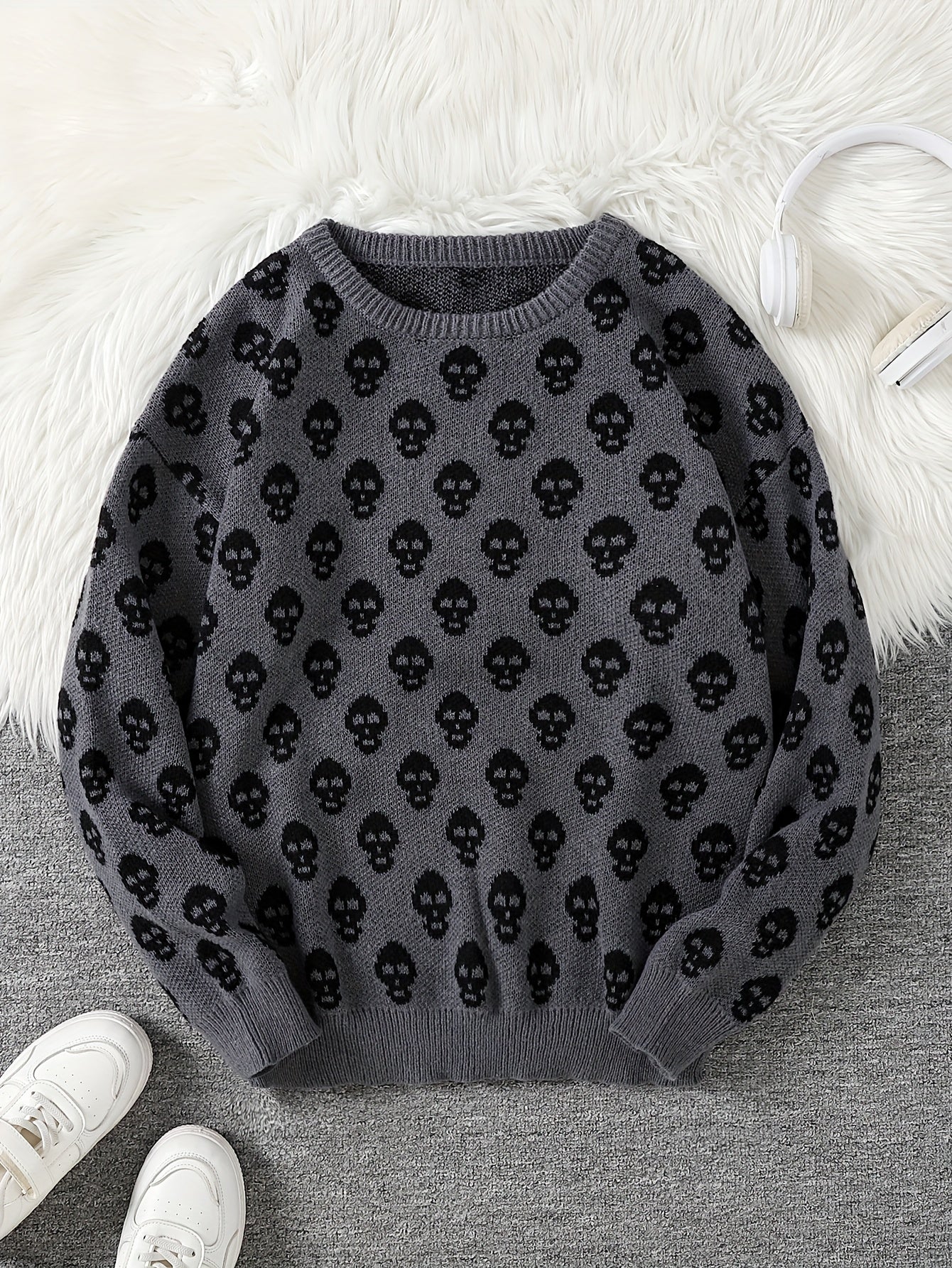 Unisex skull crew-neck long-sleeve knit sweater