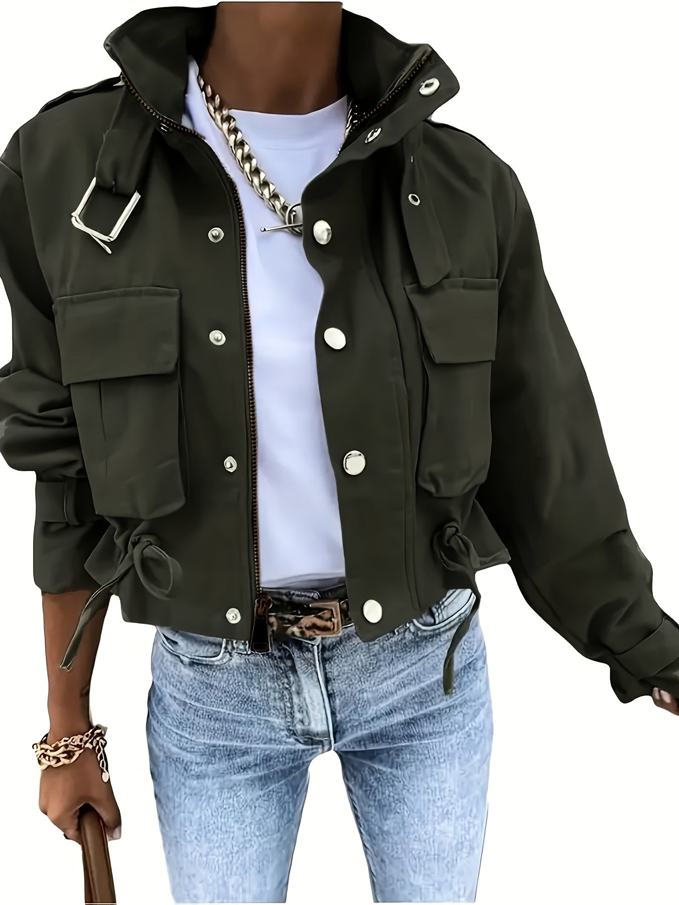Short women's transitional jacket with zip, buttons & flap pockets