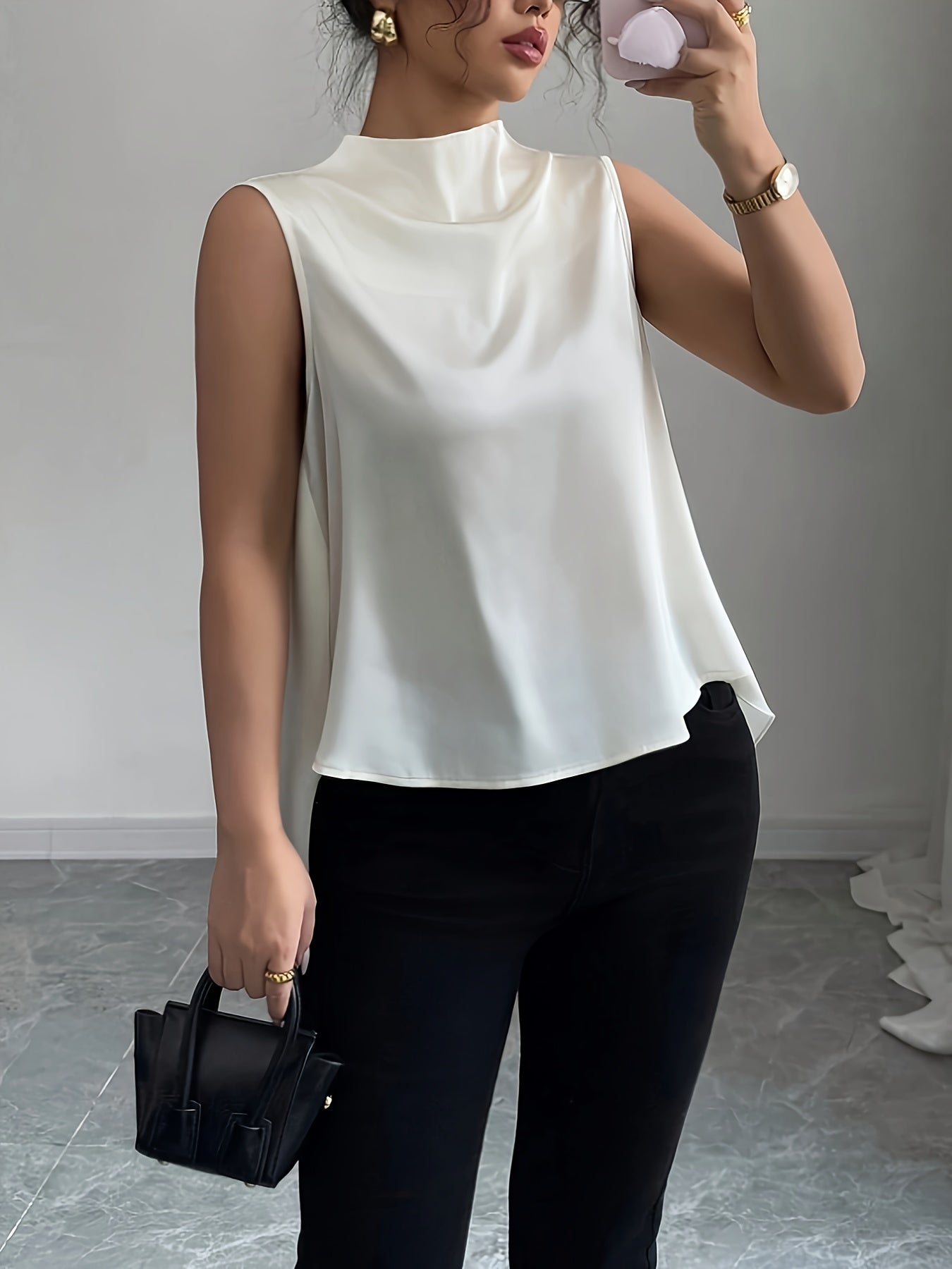 Women's sleeveless blouse with elegant waterfall neckline – Modern office & evening outfit