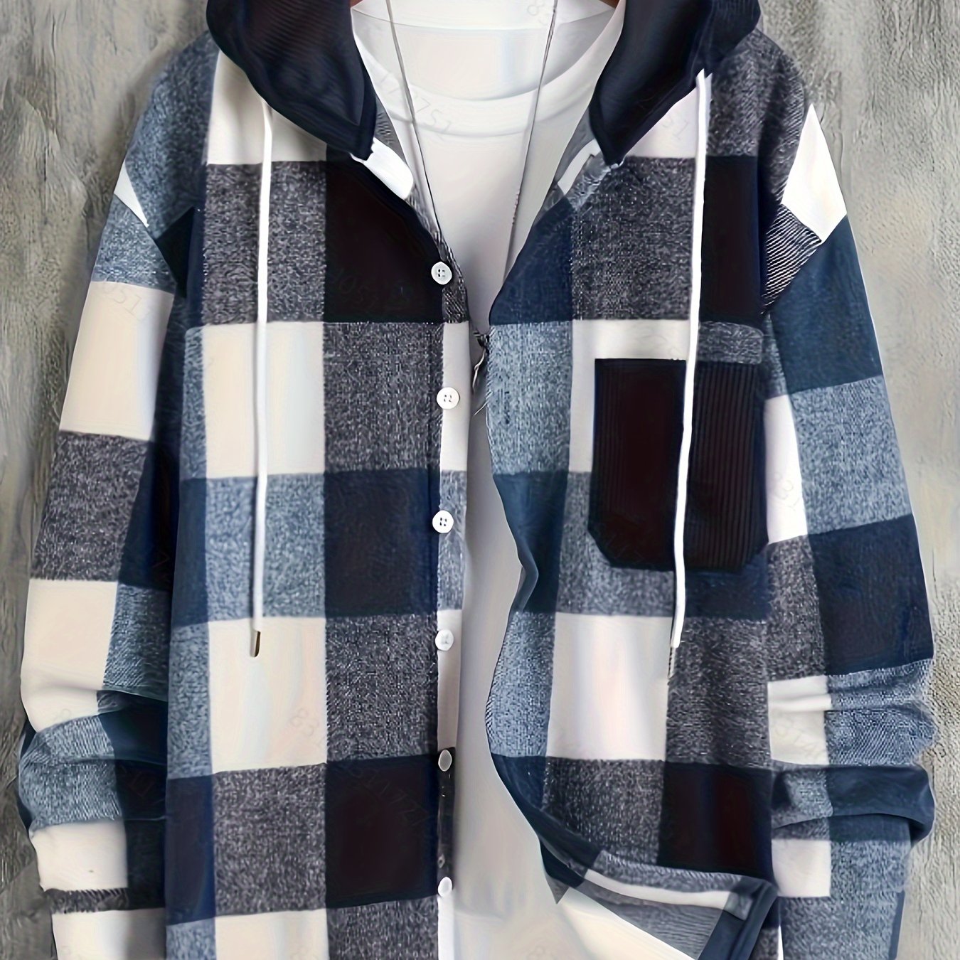 Men's checkered hooded shirt, button placket, black and white