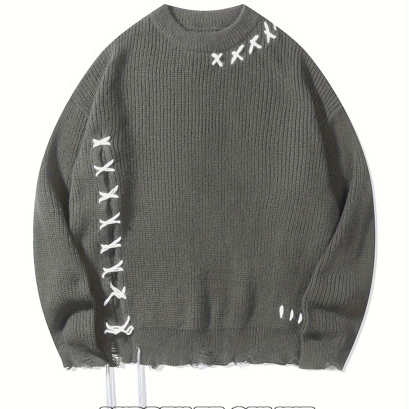 Unisex Strickpullover Schwarz mit Kreuzstich-Details und Destroyed-Effekt